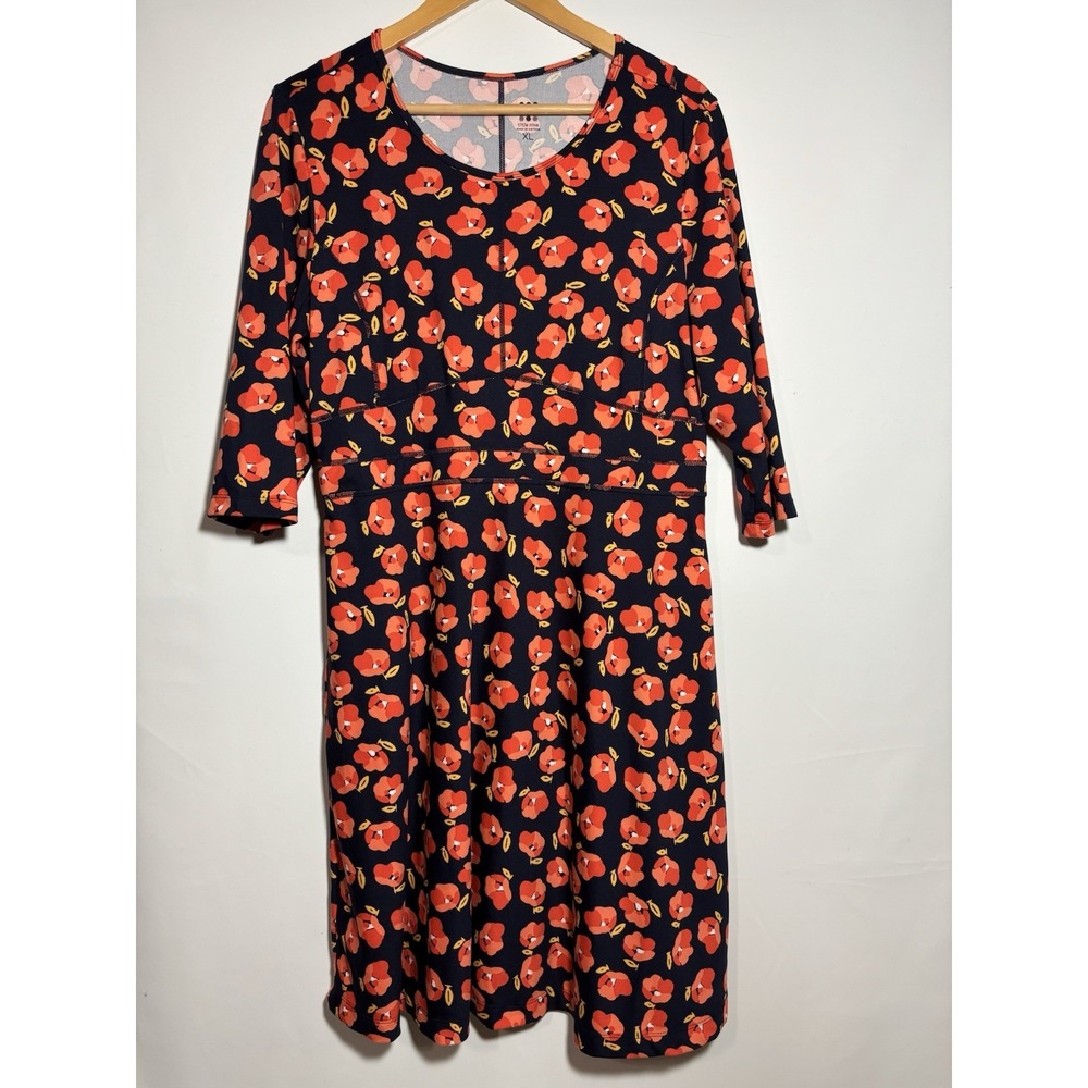 Title Nine‎ Buttah Midi Dress Women's Size XL Flower AOP Orange Black 3/4 Sleeve